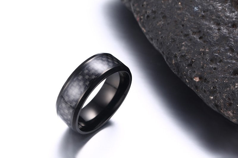 Black Carbon Fiber Men's Wedding Brand Ring Stainless Steel Jewelry 8mm