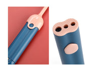Close-up of laser feather cat toy handle showing buttons and ergonomic design in blue and pink colors.