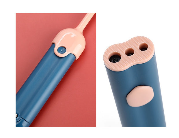 Close-up of laser feather cat toy handle showing buttons and ergonomic design in blue and pink colors.