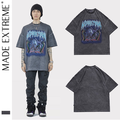 Spring Summer National Tide Men'S Washed Rock Print Loose Short Sleeve T Shirt