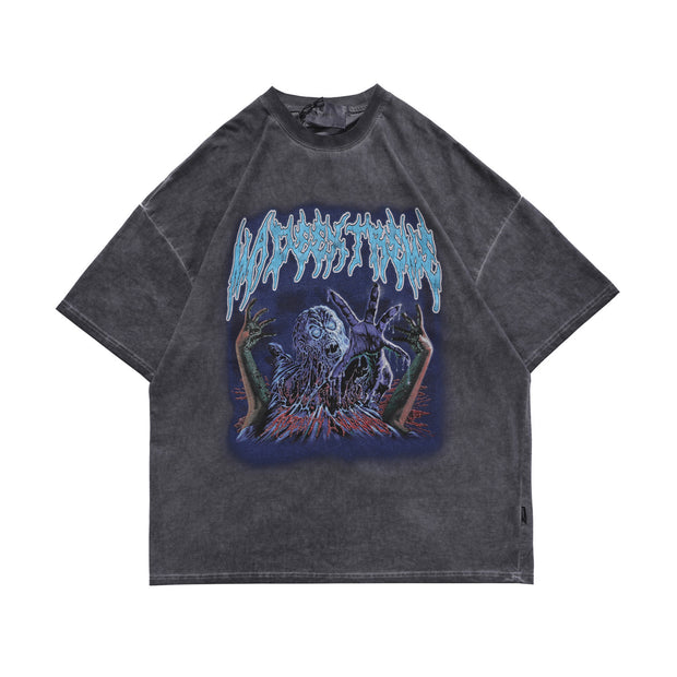 Spring Summer National Tide Men'S Washed Rock Print Loose Short Sleeve T Shirt