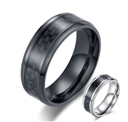 Black Carbon Fiber Men's Wedding Brand Ring Stainless Steel Jewelry 8mm