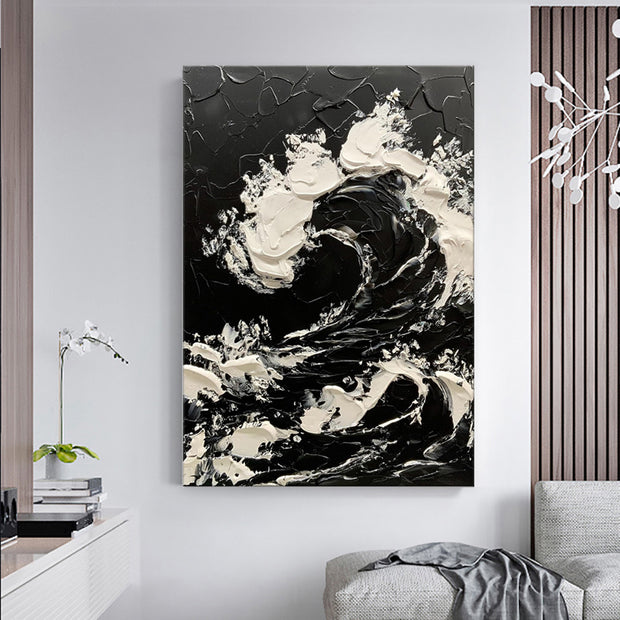 Large Size Contemporary Hand-painted Black White Sea Waves Abstract Picture Textured Oil Paintings On Canvas Bedroom Home Decoration Unframed