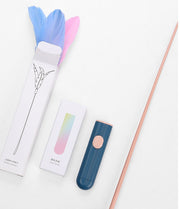 laser feather cat toy packaging and components including blue stick and feathers in pink and blue