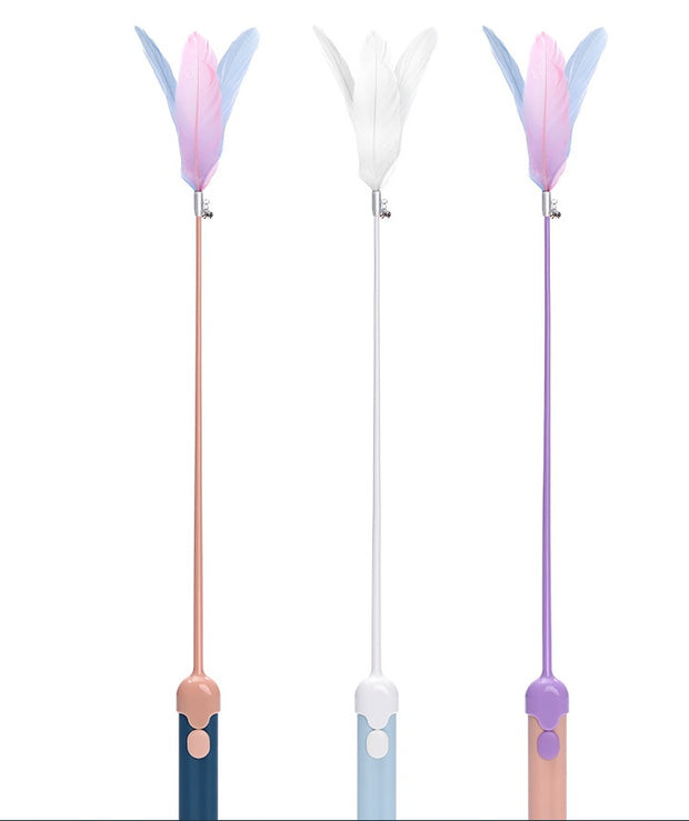 Laser feather cat toy in indigo powder, blue, and pink purple colors with soft feathers for playful cats.