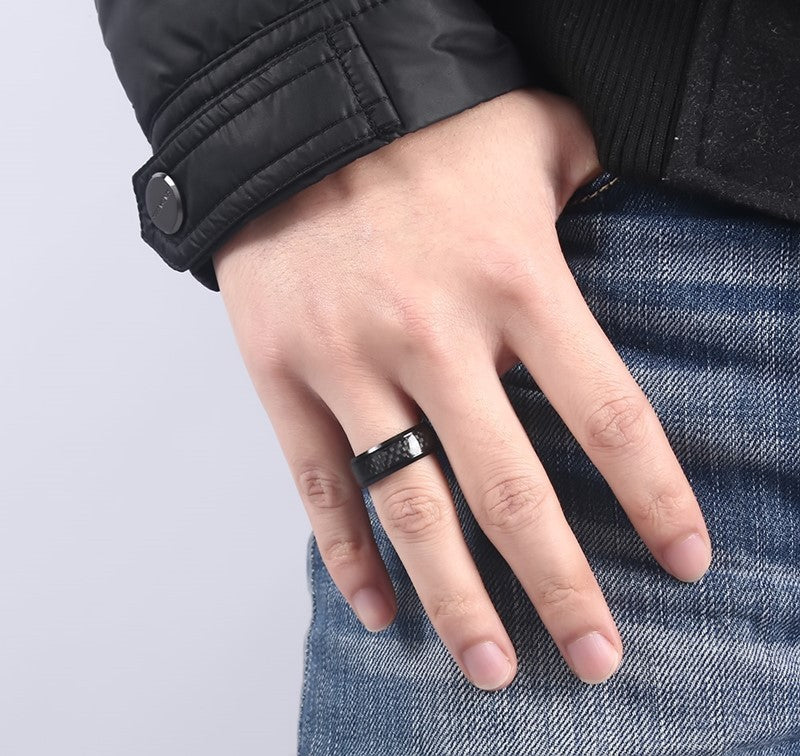 Black Carbon Fiber Men's Wedding Brand Ring Stainless Steel Jewelry 8mm