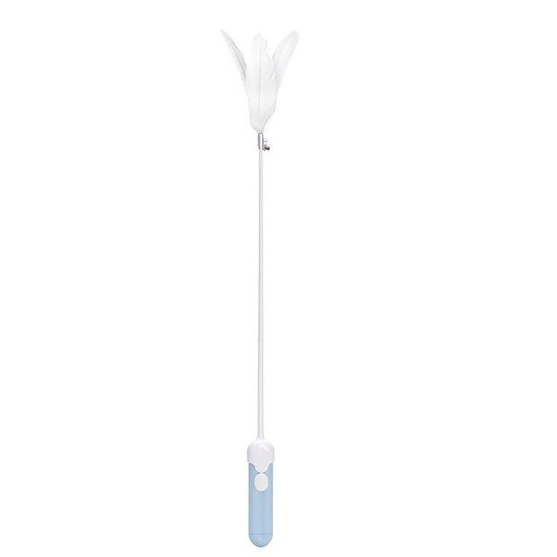 Laser feather cat toy with a white feather on a long stick and a blue handle.
